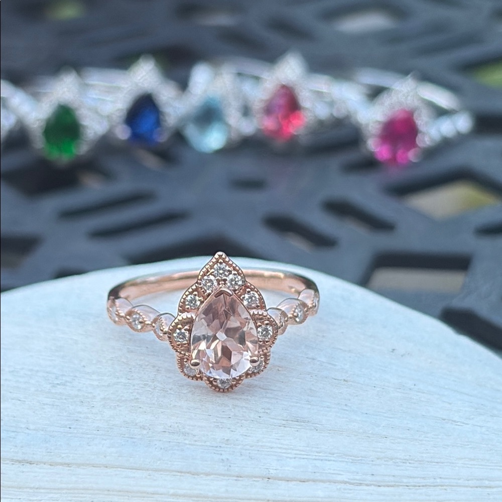 Pear Cut 1.25 tcw Morganite & Diamond Ring 14k Rose GP Sterling Silver Size 7 - Picture 7 of 13